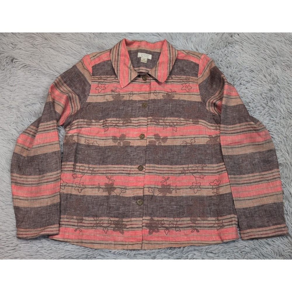 Christopher & Banks Shirt Womens M Linen Button Up Floral Embroidery Preppy
